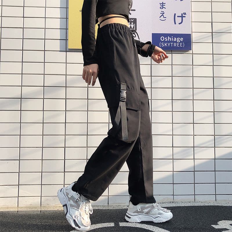 唯逸衣品2020新款工装裤女显瘦高腰黑色裤子宽松bf直筒运动束脚百搭休闲裤图片