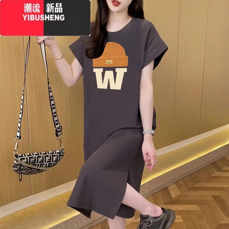 YIBUSHENG短袖连衣裙女季大码宽松中长款过膝t恤裙百搭休闲开叉长裙高清大图