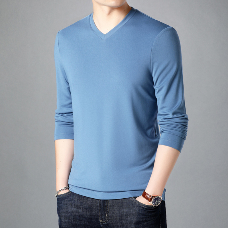 桑蚕丝t恤男士长袖 v领莫代尔百搭男装秋冬季纯色基础内搭打底衫