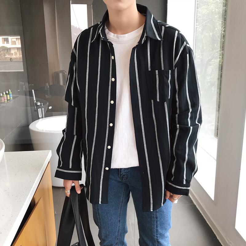 2018港风款男竖条纹约衬衫文艺青免烫长袖衬衣外穿男