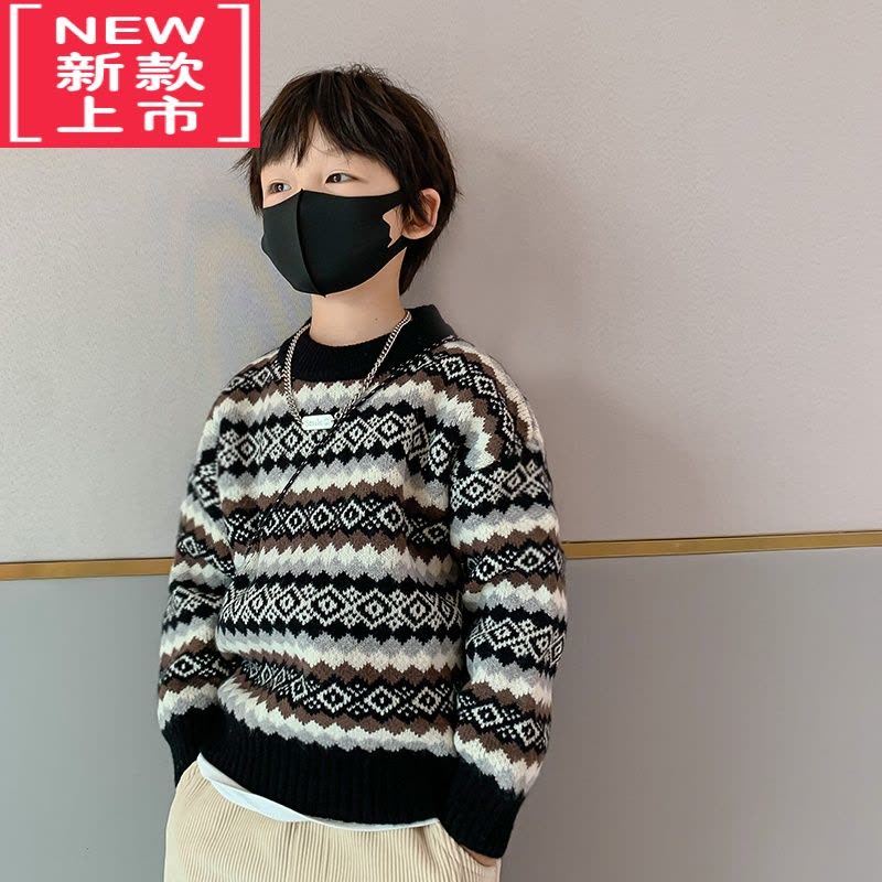 可莉允男童毛衣套头毛线衣2022秋冬新款儿童针织衫菱格复古宝宝加厚保暖图片