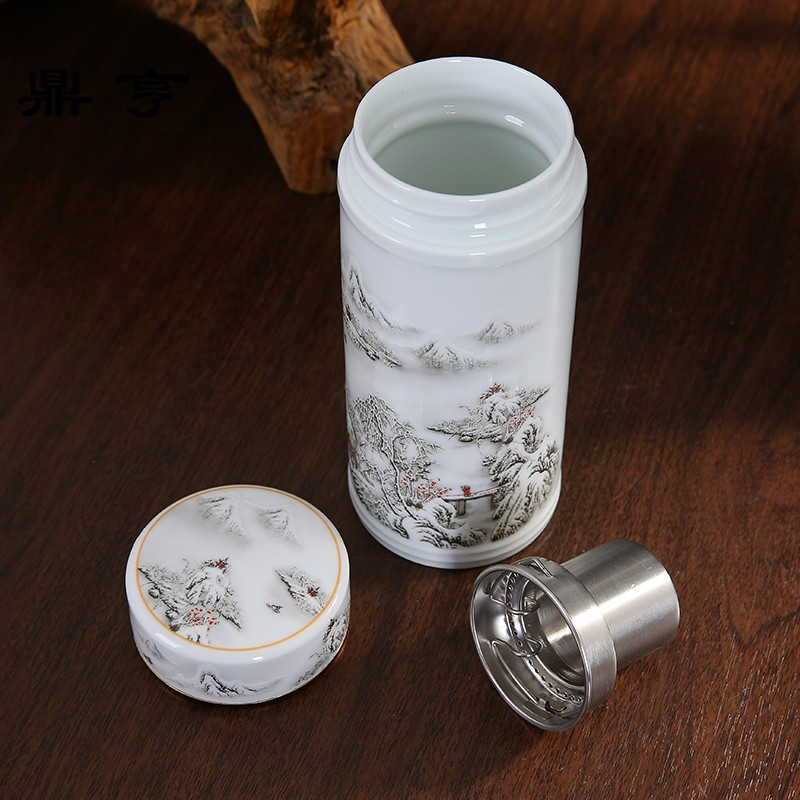 鼎亨青花瓷陶瓷保温杯双层内胆带过滤网大小号保温杯智能迷你茶杯