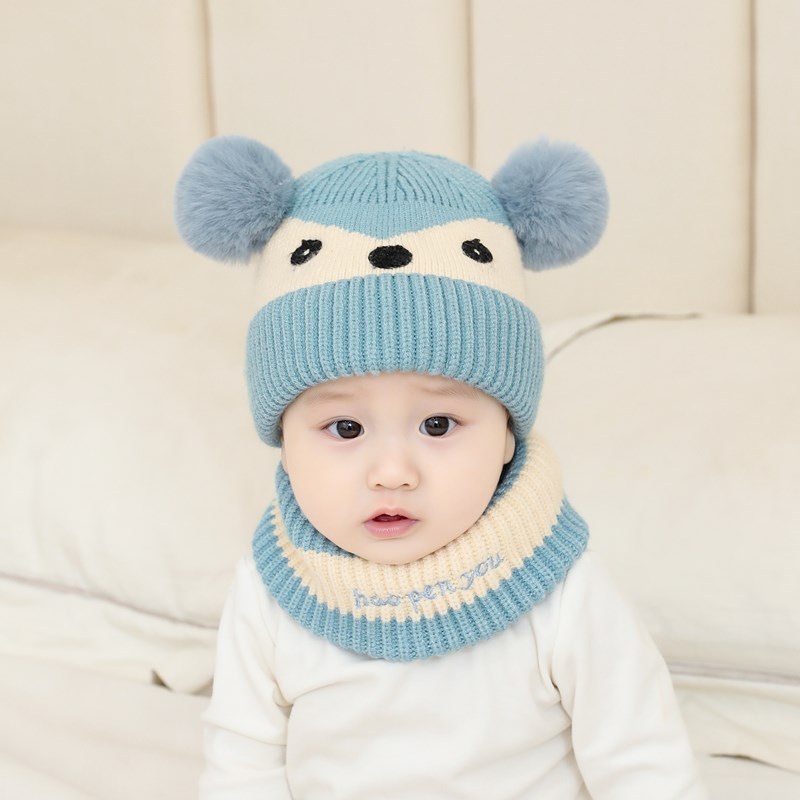 冬款宝宝加厚保暖帽子围脖两件套婴儿毛线帽萌宝宝围脖针织帽