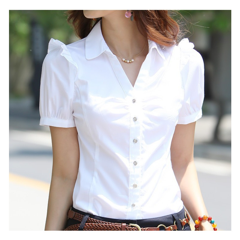 暖青汇新款夏装短袖衬衫女韩版修身雪纺衬衣上衣女士工装职业通勤女装