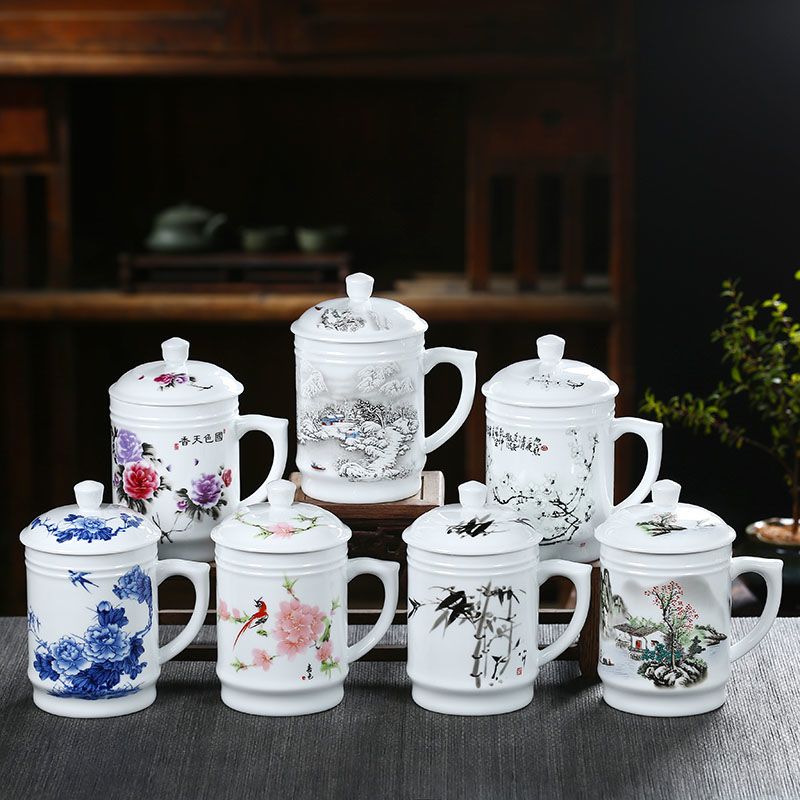 景德镇茶杯陶瓷 带盖马克杯家用大容量办公室水杯 青花瓷个人杯子