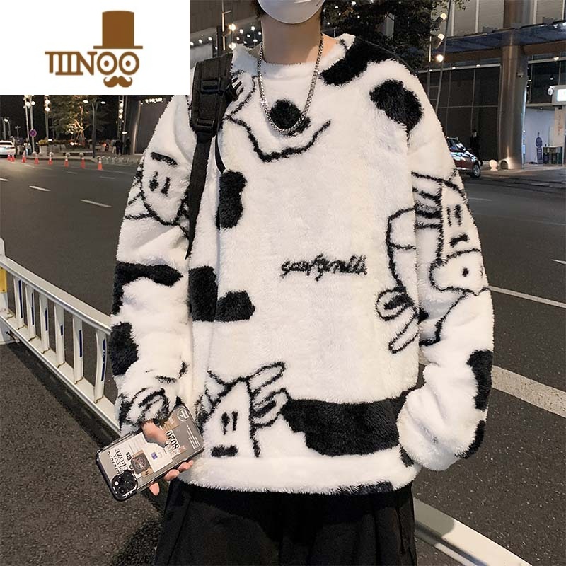 YANXU羔毛卫衣男加厚套头青少年潮牌ins摇粒绒日系学生圆领外套高清大图