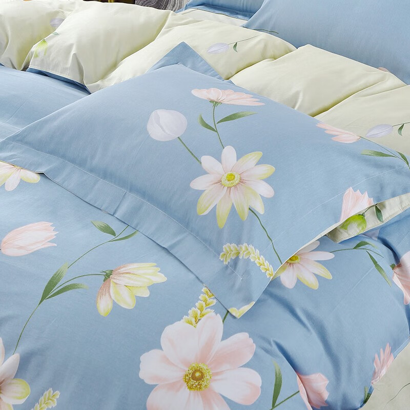 恒源祥床品四件套200*230cm柔软全棉系列雨露花香蓝色1DB1312高清大图