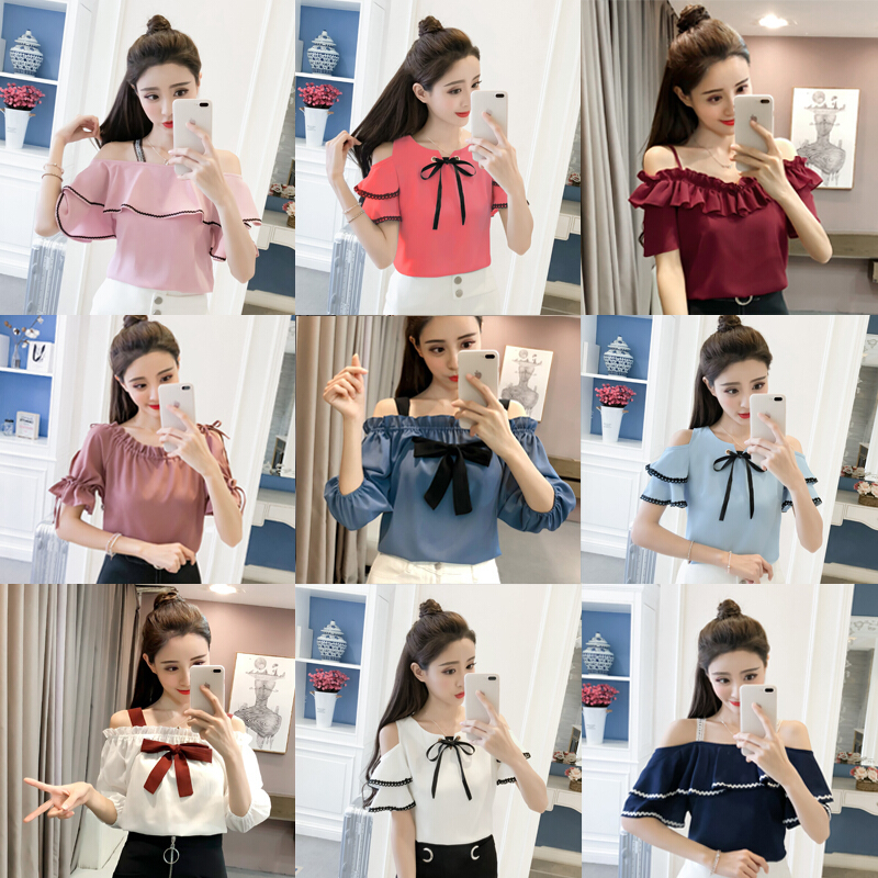 一字露肩雪纺衫女装夏季新款衣服女韩版宽松短袖上衣超仙百搭小衫