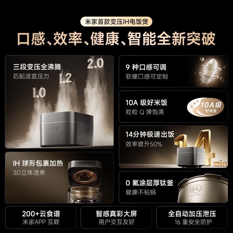 小米(MI)智能变压IH电饭煲 4L 黑色 米家多功能电饭锅家用3-4个人煮饭锅煮粥锅 智能预约 不粘锅内胆大容量烧饭高清大图