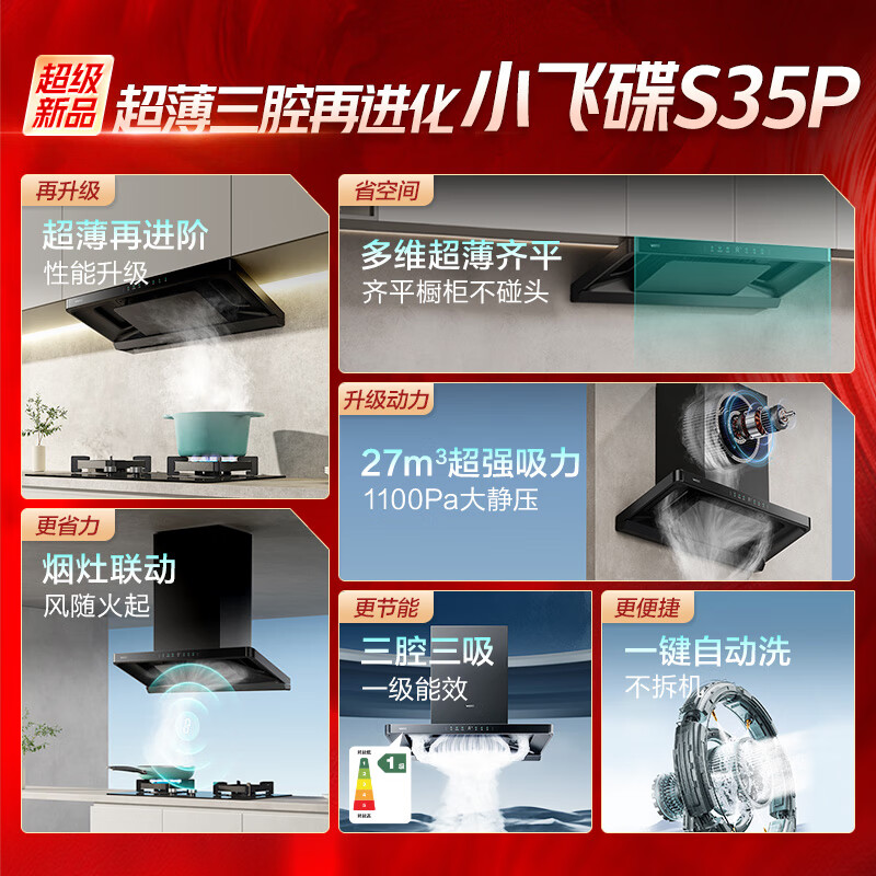 华帝(vatti)[小飞碟S35 Pro]抽油烟机 i11S35P超薄欧式顶吸顶侧一体变频烟灶联动27风量大吸力自动清洗高清大图