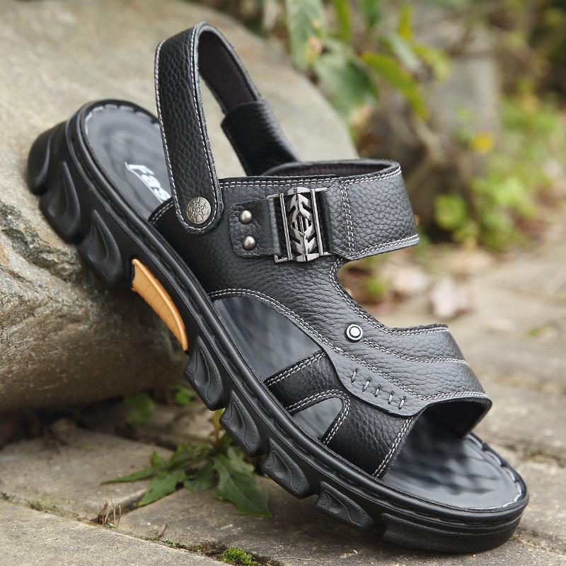 nakezg凉鞋男2024夏季新款男士牛皮中老年爸爸软底休闲黑色沙滩凉拖鞋