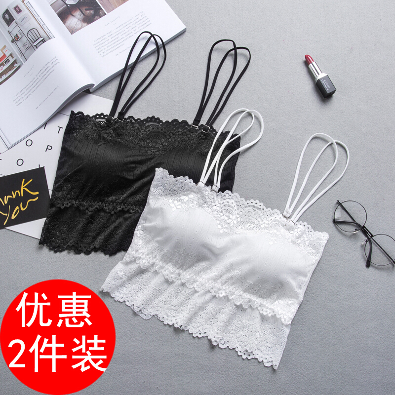 2018蕾丝裹胸少抹胸式文胸韩版内衣打底短款带背心两件黑均