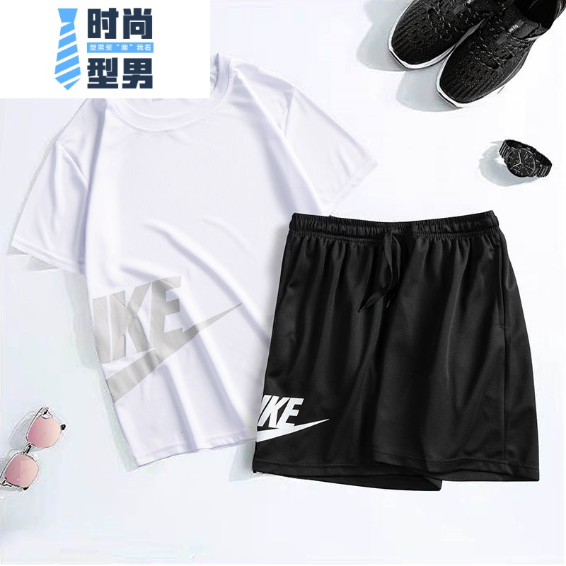 喻娄运动套装男夏季清凉透气宽松跑步服速干衣休闲短袖T恤短裤两件套