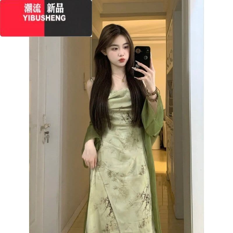 YIBUSHENG新中式国风复古挂脖碎花吊带连衣裙女季气质长裙子防晒开衫套装图片