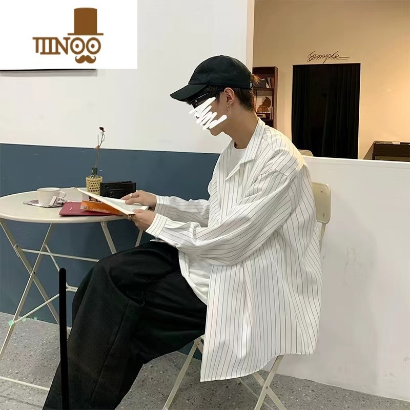 YANXU条纹衬衫男长袖大码港风日系宽松胖子衬衣休闲寸衫外套ins潮高清大图