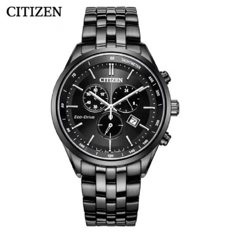 国行西铁城citizen手表光动能三眼日显黑盘不锈钢带时尚商务男表at2