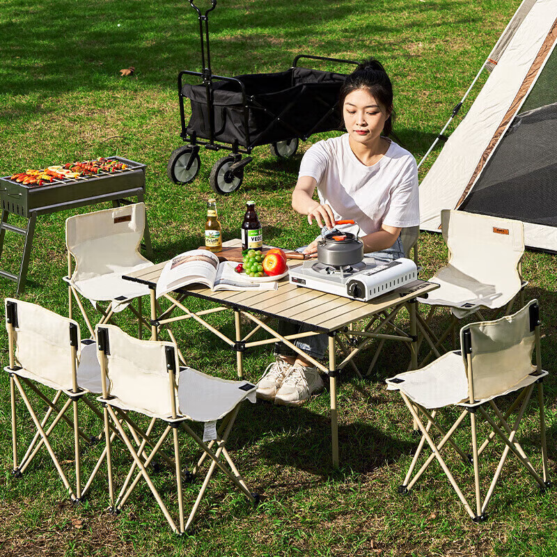尚烤佳 SKJ-366 铝合金桌椅七件套 户外便携折叠桌椅套装 蛋卷桌