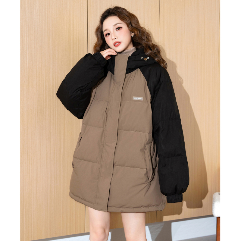 [2.5折价335元]唐狮冬装新款女连帽羽绒服新款拼色短款休闲面包服美拉德穿搭