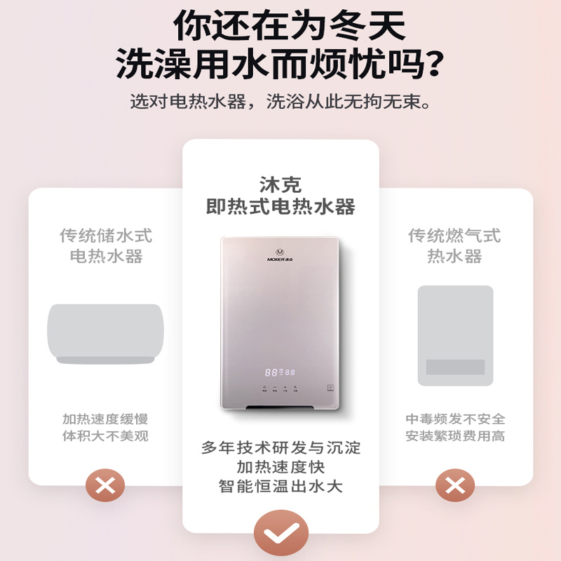 沐克(MOKER)即热式电热水器8800W速热变频智能恒温家用免储水大水量 T22-88(渐变色)