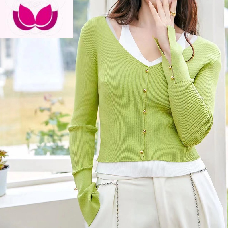 七斓针织毛衣开衫上衣女2023年春季新款牛仔半身裙套装盐系轻熟3 L建议100斤-110斤 绿色针织上衣