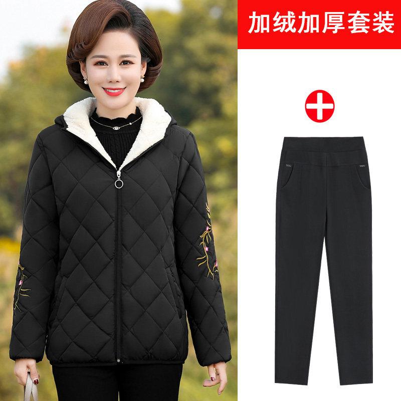 迪鲁奥（DILUAO)40岁50岁妈妈穿的羽绒服妈妈秋冬装中年2021新款小中老年人女装外_785 XL【建议85-100斤】 黑色【上衣+加绒裤】