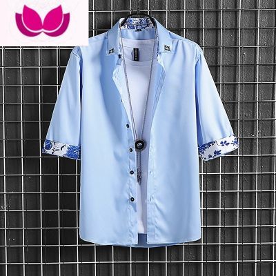 七斓夏季男士韩版修身七分袖衬衫青年帅气中国风刺绣衬衣男学生短袖潮 浅蓝色955七分衬衫 XL