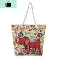 韩版大容量亚麻帆布单肩包女包2019新款潮百搭可爱休闲包宽手提包NEWLAKE_1 棉绳花朵大象