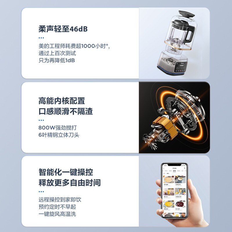 美的(Midea) 破壁机家用1.2L豆浆机低音安睡智能WIFI辅食机隔音罩降噪料理机榨汁机 MJ-BL80S01