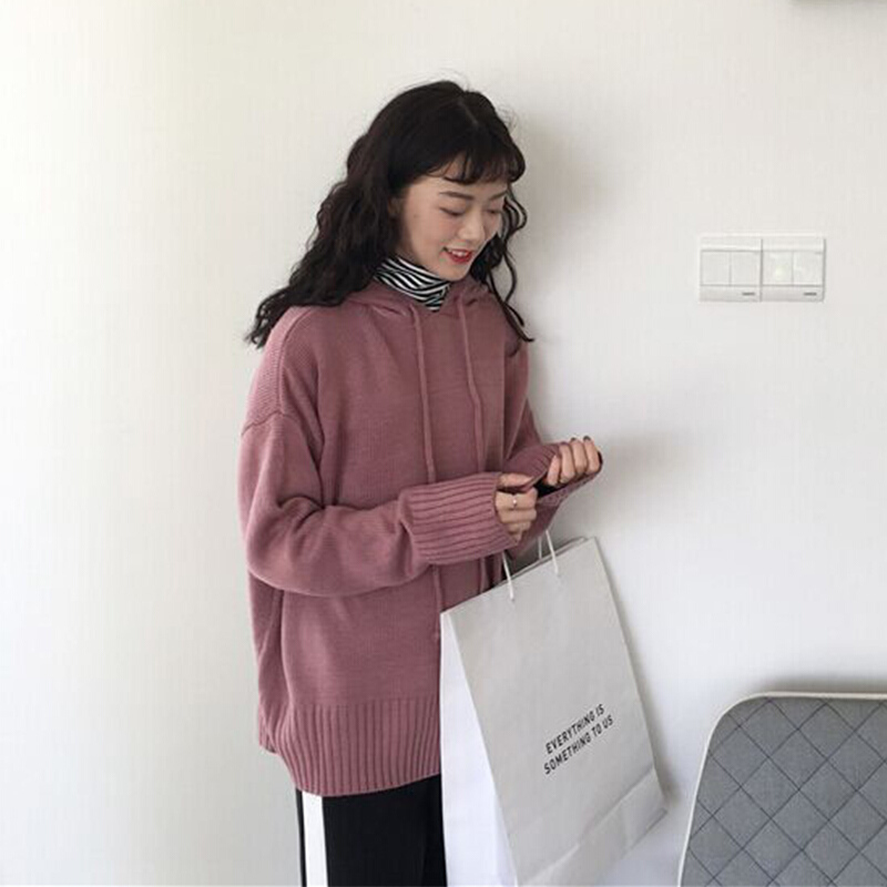 毛衣外套女2018秋装韩版百搭复古宽松显瘦长袖连帽针织衫上衣 卡其色 均码