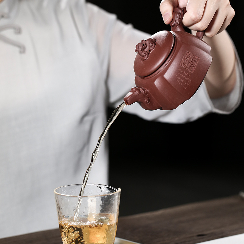 宜兴  纯手工原矿紫泥三星高照龙头龙把四方泡紫砂壶