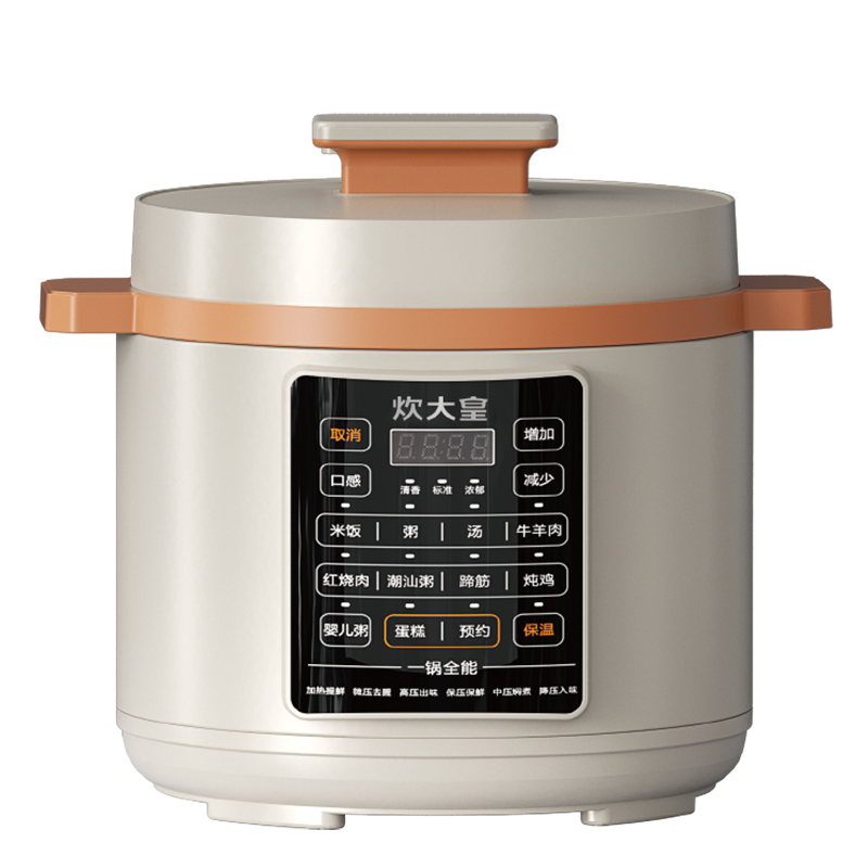 炊大皇智能圆形电压力锅5L白色钛金属按键控制2-4人家庭使用支持预约定时900W