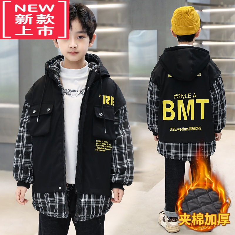 可莉允男童棉服冬季加绒保暖外套新品儿童冬装中长款帅气加厚派克服棉衣