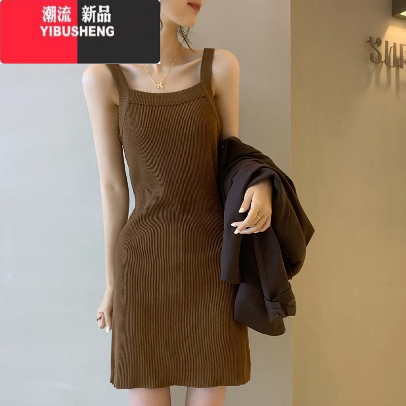 YIBUSHENG韩风针织吊带连衣裙女2024年新款藏肉修身季内搭裙子小黑裙