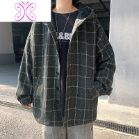 YUANSU格子外套男士2020秋冬季毛呢连帽宽松大码胖子韩版工装加厚夹克潮夹克