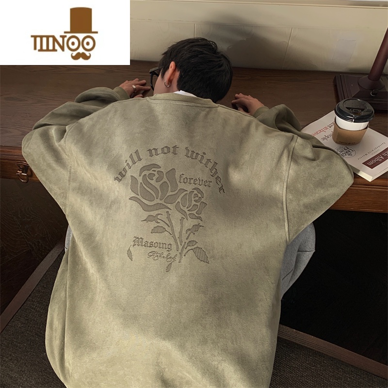 YANXU绒玫瑰印花卫衣男士休闲圆领假痞帅秋天男生上衣服 12豆绿色 M推荐110-130斤