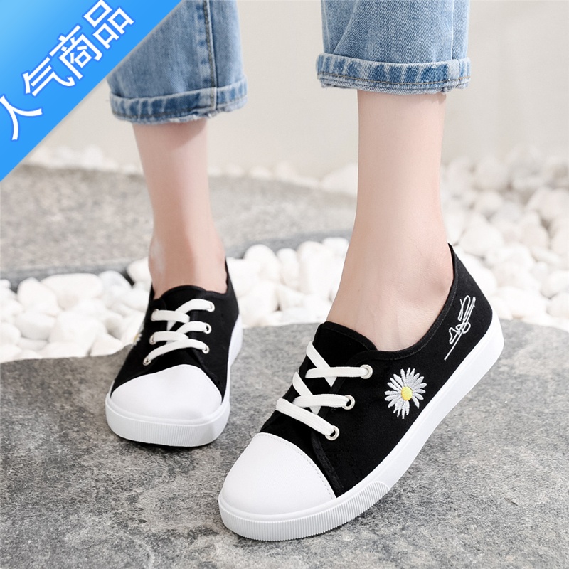 SUNTEK一脚蹬帆布鞋子女2023春季新款小雏菊老北京板鞋学生护士小白鞋女高清大图