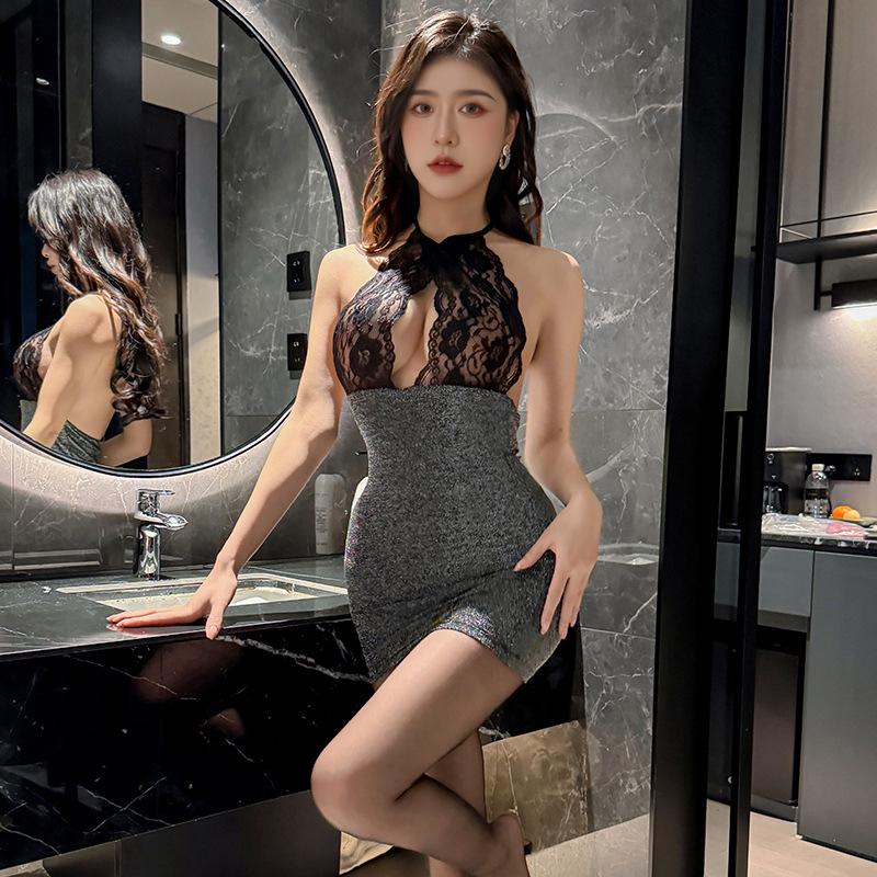 九里晴川内衣挂脖蕾丝连衣裙性感透视调味修身女镂空成人用品 Q0014 均码高清大图