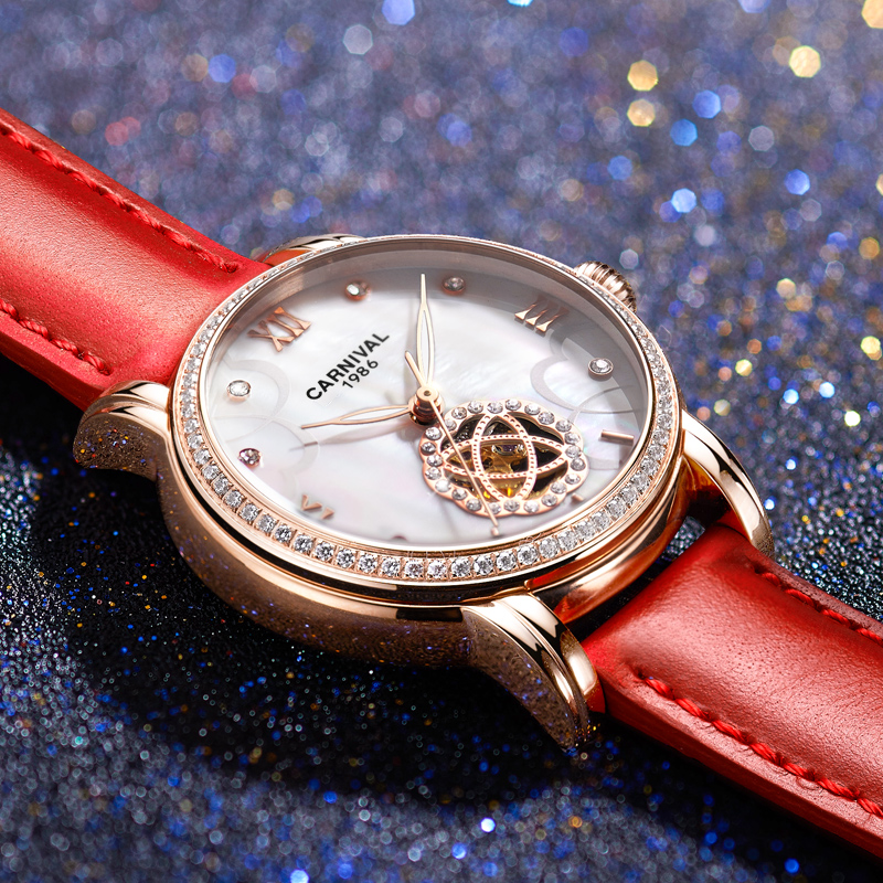 瑞士嘉年华Carnival手表机械表 女士时尚潮流玫瑰金新款镂空花瓣腕表镶钻防水真皮皮带简约学生女表8806高清大图