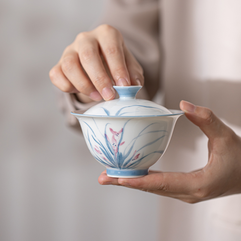 苏氏陶瓷(SUSHI CERAMICS)手绘羊脂玉瓷兰花二才盖碗非遗老师苏爱珍作品