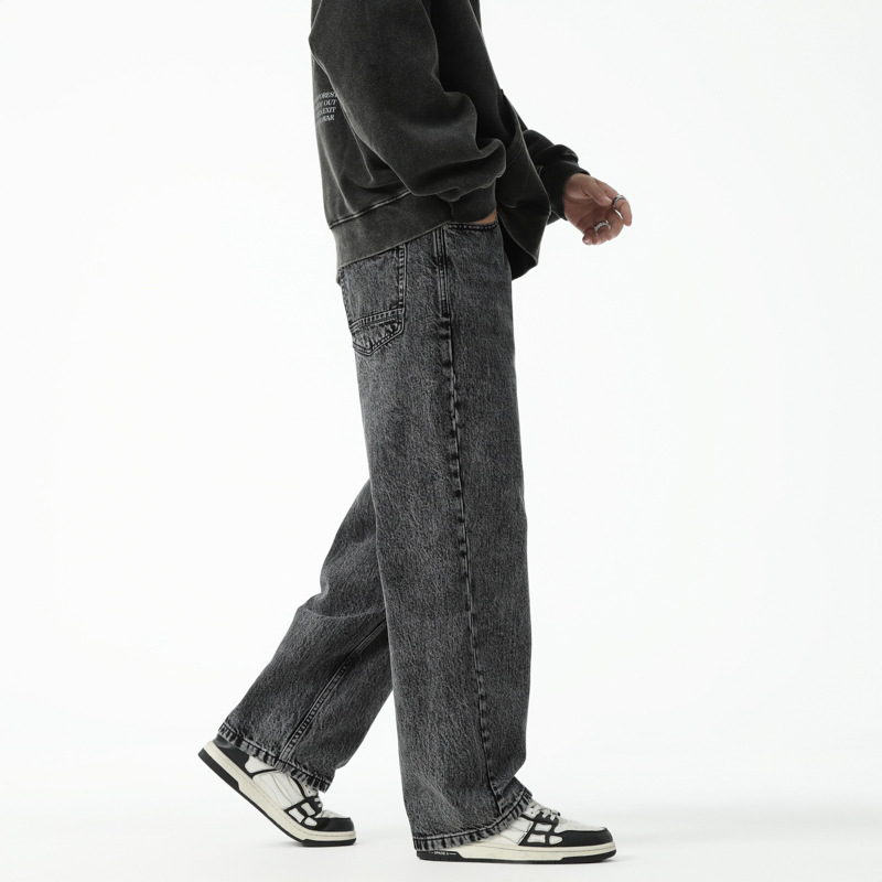 黑灰色牛仔裤阔腿宽松潮牌美式高级感直筒休闲长裤有加绒高清大图