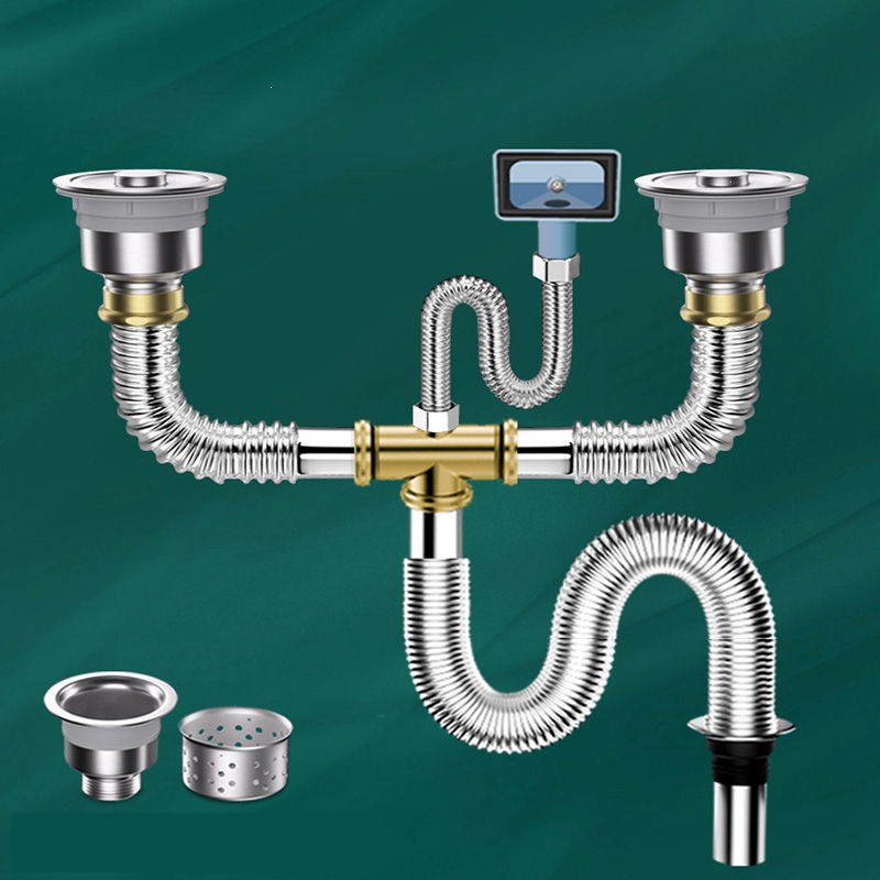 理线家厨房洗菜盆下水管配件不锈钢双槽洗碗池水槽排水管防臭下水器