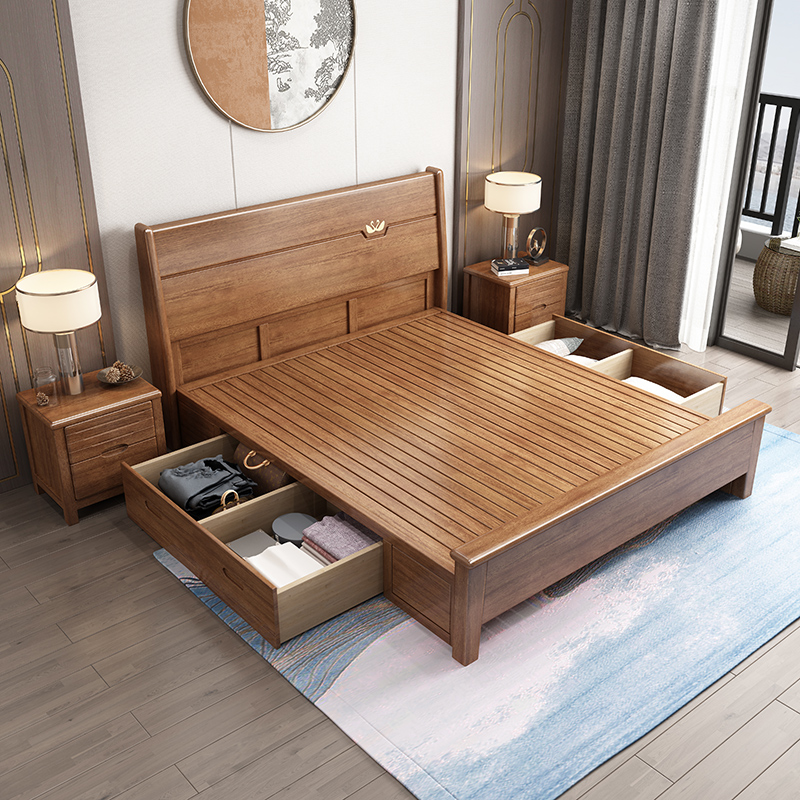 一米色彩 床 胡桃木实木床双人床1.5米1.8M现代简约轻奢高箱储物抽屉主卧婚床大小户型 卧室家具高清大图