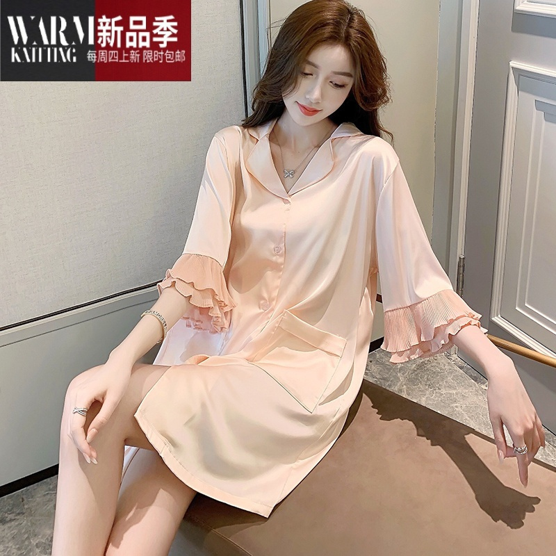 shanchao夏天睡裙女士睡衣夏季薄款冰丝中袖性感睡裙休闲宽松家居服女