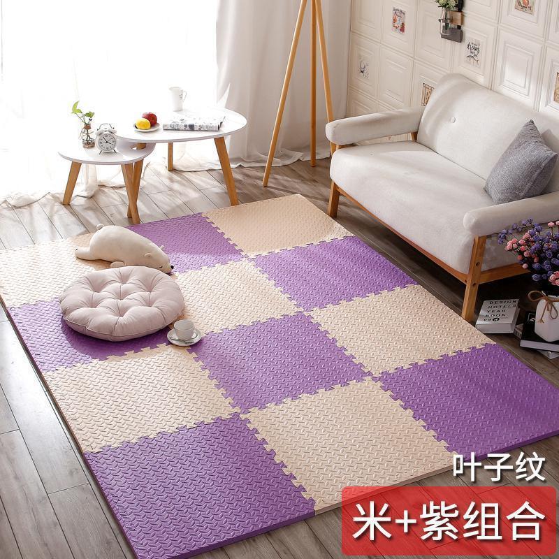 泡沫地垫家用隔音海绵铺地板垫子拼接爬爬卧室儿童爬行垫拼图防摔 米+紫 60*60*1.2cm叶子纹[8片]送边条高清大图