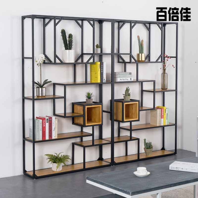 新款创意铁艺展示架实木隔断置物架书架工业风玄关格子架loft办公室屏风铁艺隔板架子壹德壹