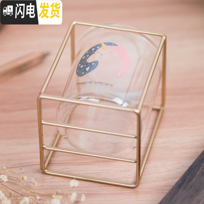 三维工匠创意ins风玻璃笔筒多功能文具收纳北欧圆形可爱铁艺笔筒桌面摆件 火烈鸟C款高清大图