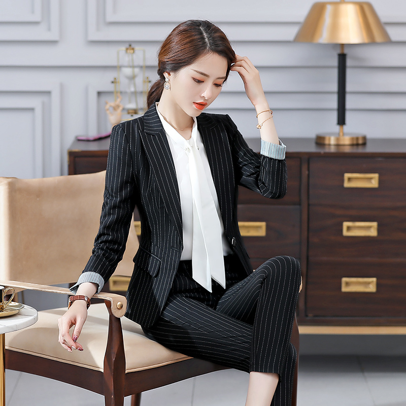 职业装女2019新款时尚制服条纹小西装套装女工作服休闲西服面试装