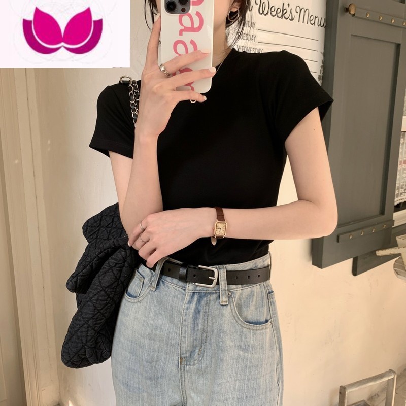 七斓韩版修身圆领纯色正肩t恤女2023年春季新款女装短袖百搭气质上衣