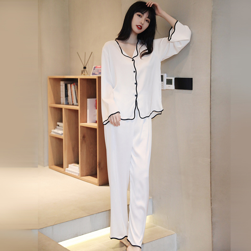 俞兆林2021年新款夏季冰丝睡衣女性感网红雪纺薄款荷叶边长袖家居服套装