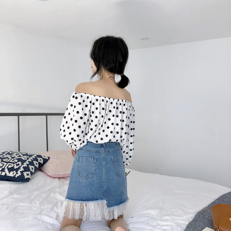 裙子女夏新款韩版时尚高腰显瘦拼接蕾丝半身裙开叉钉珠牛仔裙短裙